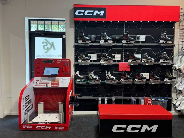 CCM Foot Scanner and wall of CCM Skates
